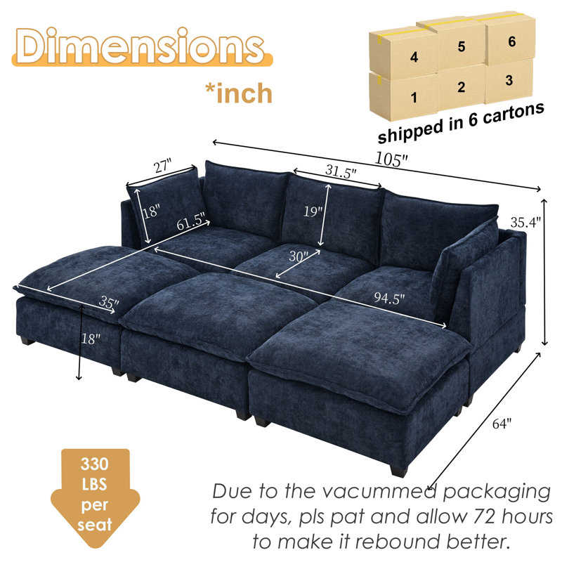 Canapé modulaire avec 3 repose-pieds Belandina, Chenille bleu marine