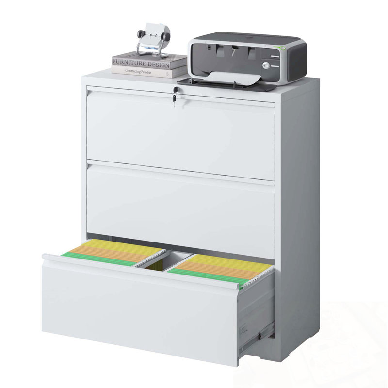 Wide Metal File Cabinet with 3 Drawers and Lock, White