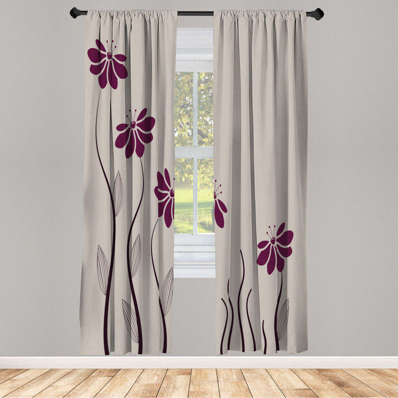 Microfiber Floral Semi-Sheer Rod Pocket Curtain Panels, 28" W x 63" L, Purple/Black/.Gray