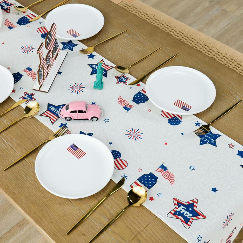 Patriotic Red White and Blue Polyester Table Runner with Gnomes, 47" x 13"