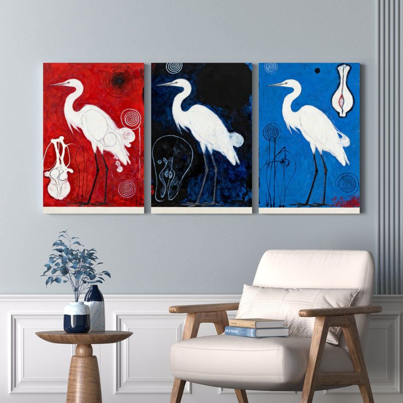 Ensemble de 3 tableaux abstraits sur toile tendue représentant un héron blanc, H 18 po x l 36 po