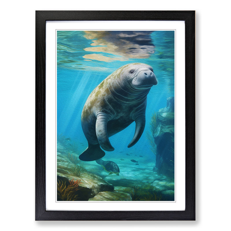 Manatee Hard Edge Painting - Single Picture Frame Print on Wood, 64cm H x 46cm W x 2cm D, Black Framed