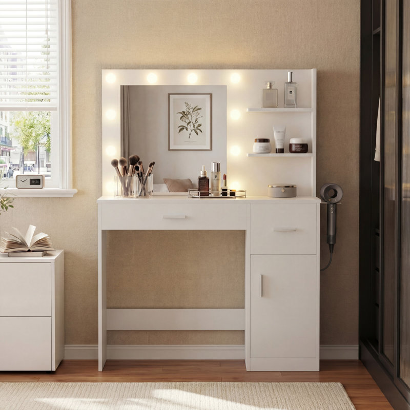 Vanity Table Set with Lights, Mirror & Storage, Makeup Vanity Desk with Power Outlet for Bedroom, White