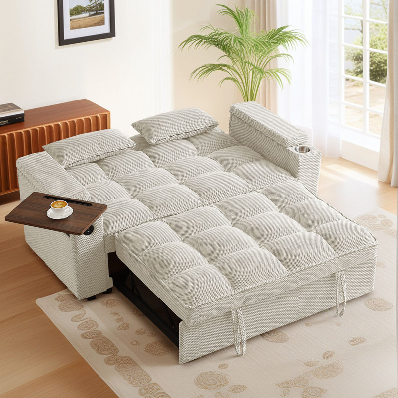 65"W Convertible 3 in 1 Sofa Bed, Pull Out Couch Loveseat Sleeper with Side Table&USB&Type-C Ports&Storage Armrests, Beige 
