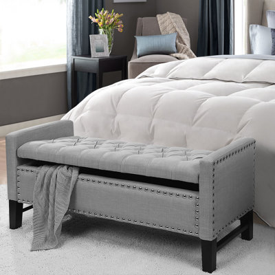 50" Light Gray and Black Upholstered Velvet Bench with Flip top