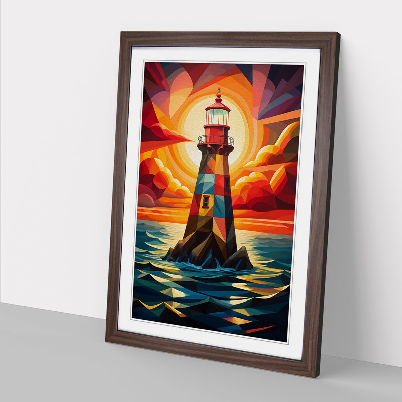 Lighthouse Geometric - Single Picture Frame Print on Wood, Walnut Framed, 34cm H x 25cm W x 2cm D