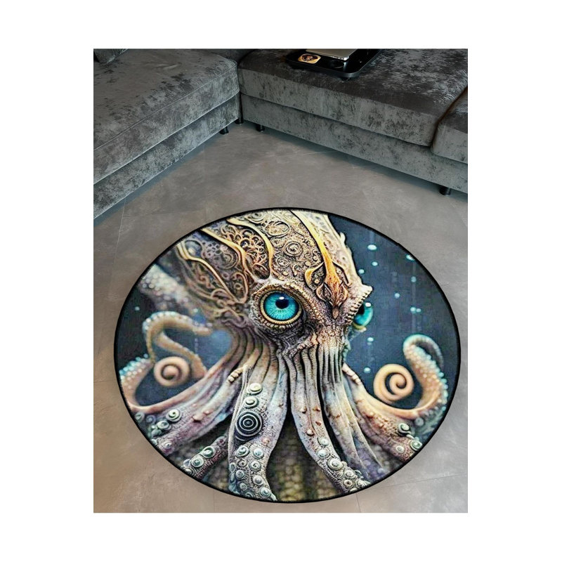 Tapis rond rond à motif tissé à base de pieuvre tissé et lavable à la machine, Sous-tapis rond 3 pi 3 po inclus