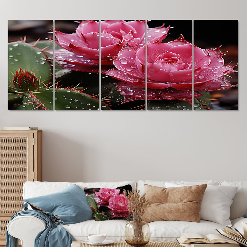 Cactus rose en fleurs - Cactus 5 pièces, décoration murale, H 32 po x l 80 po