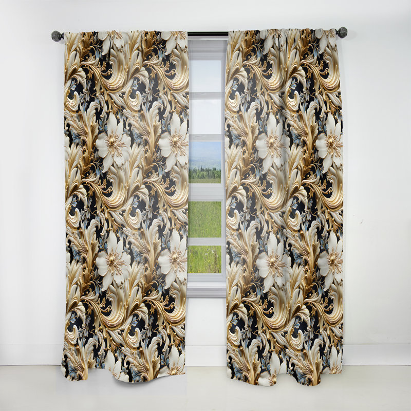 Royal Gold And White Floral Elegant Garden I - Glam Curtain - Velvet Room Darkening - 1 panel, 52" W x 84" L