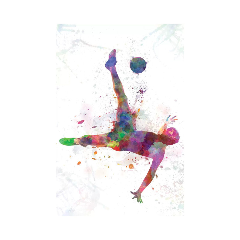 «Man Soccer Football Player Flying Kick IV» par Paul Rommer - peinture sur toile tendue, H 26 po x l 18 po x 1,5 po