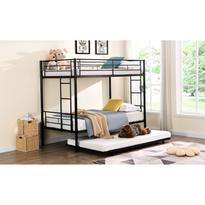Lit simple superposé au dessus d'un lit simple en métal noir avec lit gigogne - Style moderne pour le confort de la chambre à coucher, conception peu encombrante, utilisation en acier à long terme, fonctionnement silencieux et silencieux, escalier sécuritaire, pièces faciles à assembler incluses, non