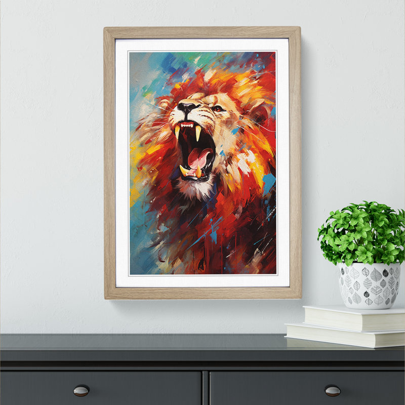 Lion Modern - Single Picture Frame Print on Wood, Oak Framed, 34cm H x 25cm W x 2cm D