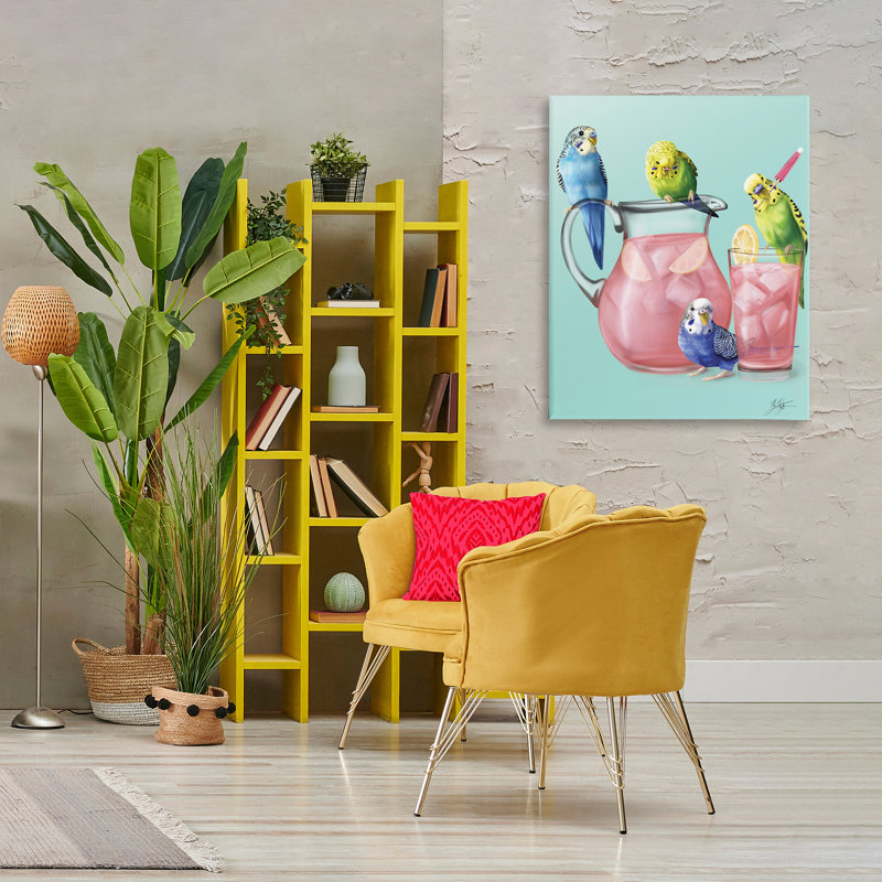 "Budgies & Pink Lemonade", art mural par Mehu Art, H 40 po x l 30 po
