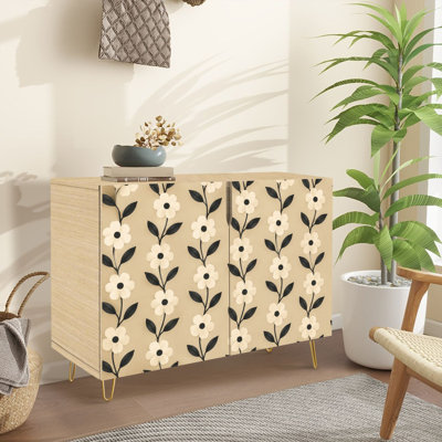 Buffet Buffet avec rangement Vintage Floral Cream Fleurs noires avec 2 portes pour le salon et la cuisine