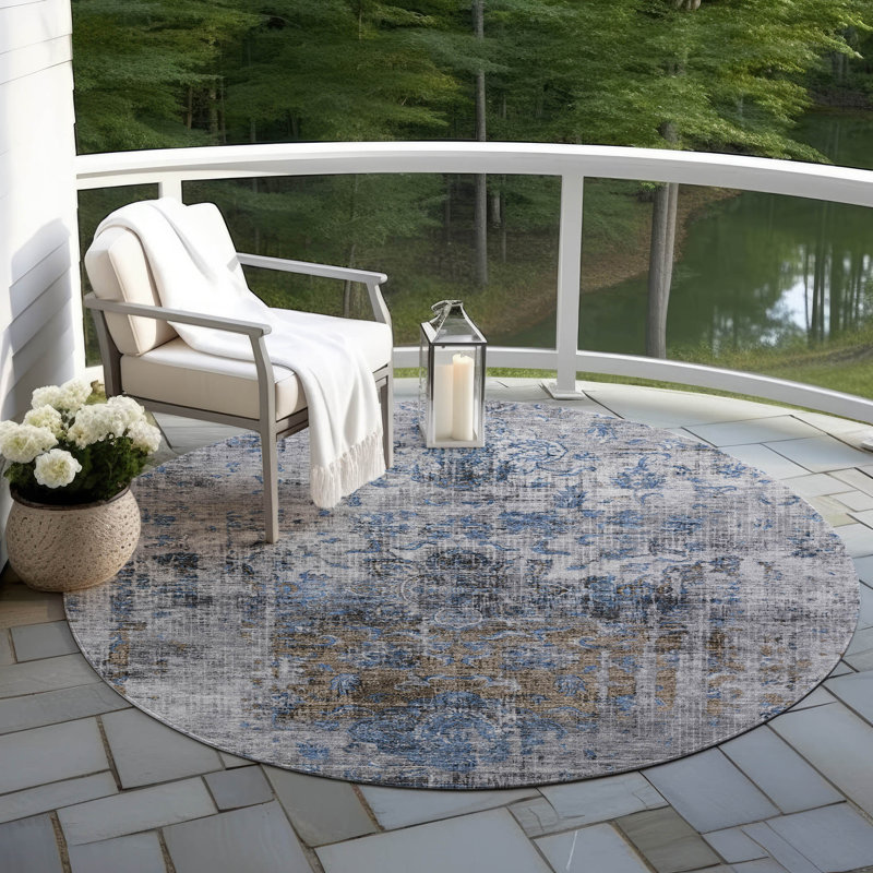 Machine Washable Indoor/Outdoor Cicel ACN1144 Blue Rug, Round 8'