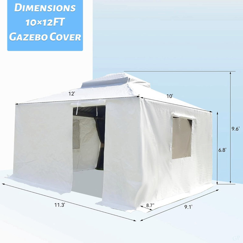 10'X12' Gazebo Cover For Hardtop Gazebos, Outdoor Universal Winter Gazebo Cover With Sidewalls And Mesh Windows, All Season Waterproof Enclosed Gazebo Cover, White
