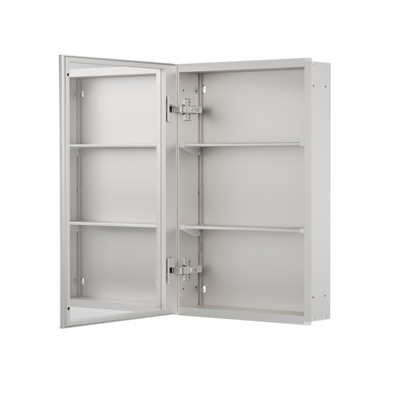 Armoire à pharmacie encastrée ou à fixation en surface sans cadre avec porte à miroir double face et tablettes réglables