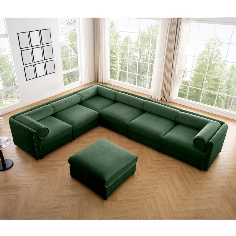 Vihaan 6-Seater Modular Chenille Sectional Sofa with Ottoman, Chenille verte