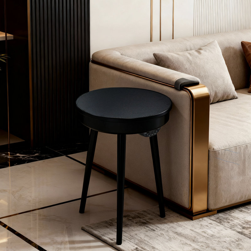 Table de bout intelligente avec haut-parleur Bluetooth: table de chevet ronde à DEL avec port USB pour disque en U, Noir