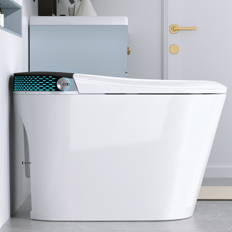 Toilette de bidet avec télécommande, siège chauffant, eau chaude instantanée, séchage à l'air chaud, affichage à DEL de couleur à 256 couleurs, fonctionnement à coup de pied intelligent, couvercle à ouverture / fermeture automatique, sécheuse, croissant de lune