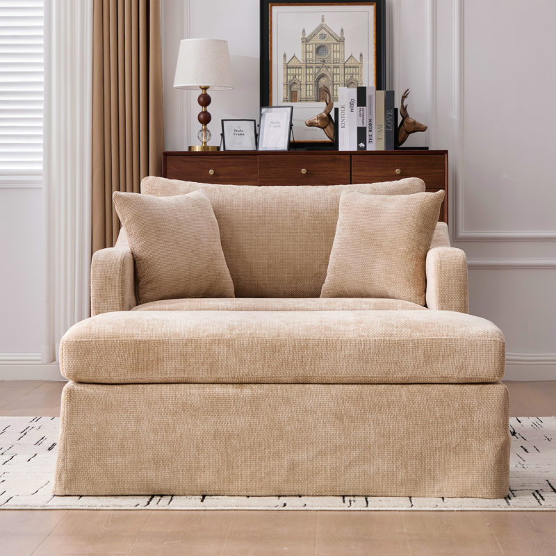 43.9" W Chenille Slipcovered Accent Armchair With Storage Ottoman, Wheat