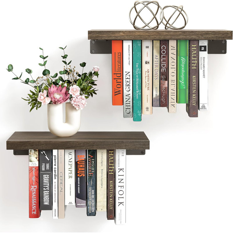 2 Set Of Floating Bookshelf, Pine Wood Invisible Bookshelf, Hanging Bookshelves For Wall, Unique Space Saving Wall Bookcase