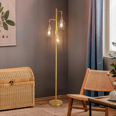 Industrial Farmhouse Floor Lamp - Dimmable 3 Teardrop Cage Shades With LED Bulbs Included