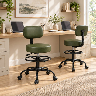 Chaise de dessin ergonomique avec dossier, tabouret de bureau pivotant à roulettes avec repose-pieds réglable - Vert/2 pièces