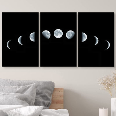 Sun And Moon " Nine Phases Of The Full Growth Cycle Of The Moon Isolated On Black Background " 3 - Pieces