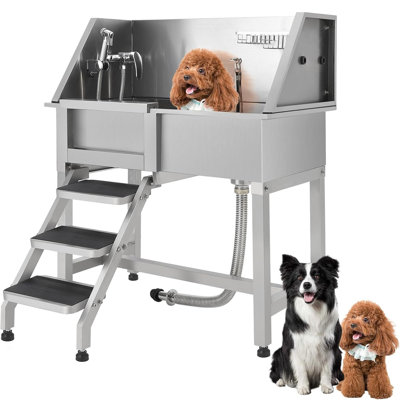 Professional Dog Washing Station,38" Stainless Steel Pet Grooming Tub w/Sliding Door, Non-Slip Steps,Faucet & Showerhead & Soap Holder Bathtub,for Medium & Small Dogs, Supports 220Lbs