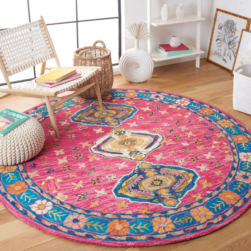Ferrelview Hand Tufted Wool/Cotton Southwestern Rug in Blue/Red, Round 7'