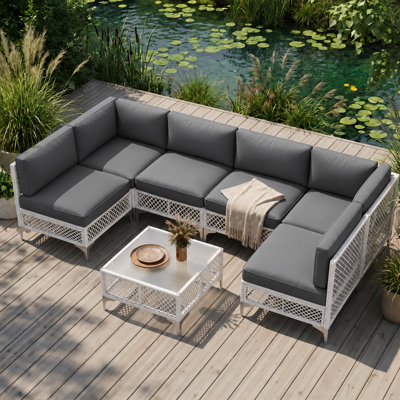 Ensemble de conversation modulaire à 6 places en osier de patio avec coussins