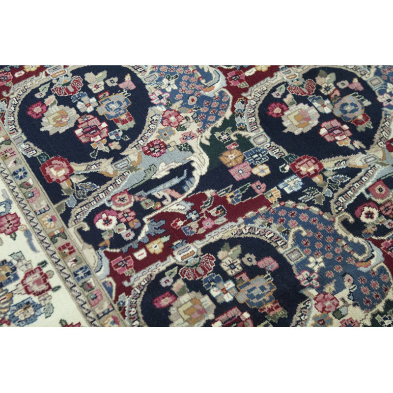 Tapis bleu marine et ivoire de haute qualité noué à la main