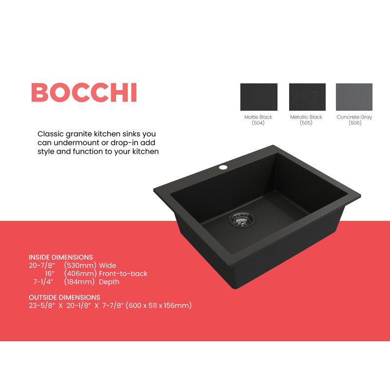Campino 24'' L Single Basin Kitchen Sink, Matte Black