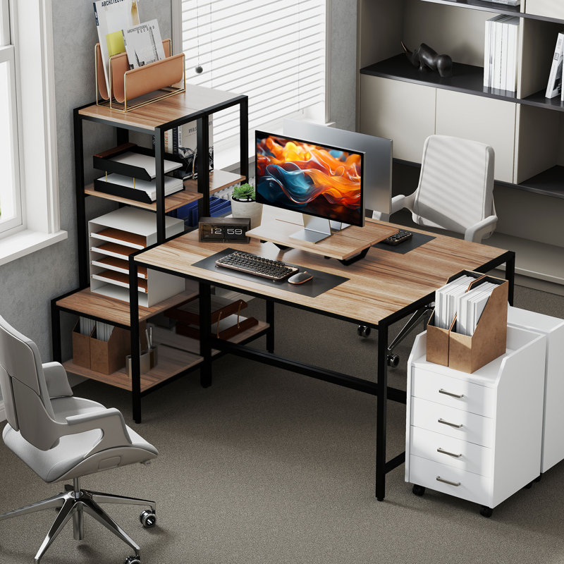 Bureau d'ordinateur 67 "avec support pour écran, bureau à domicile réversible à 4 niveaux avec tablette pour imprimante ou support pour unité centrale, bureau d'écriture industriel brun