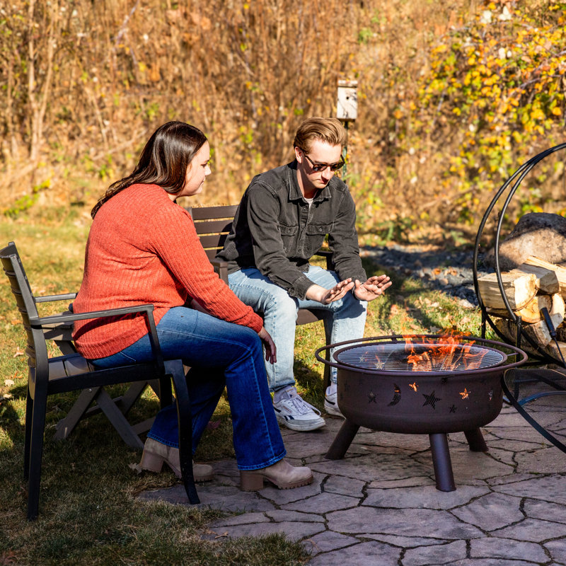 Bronze 30" Round Wood-Burning Steel Fire Pit with Cooking Grate