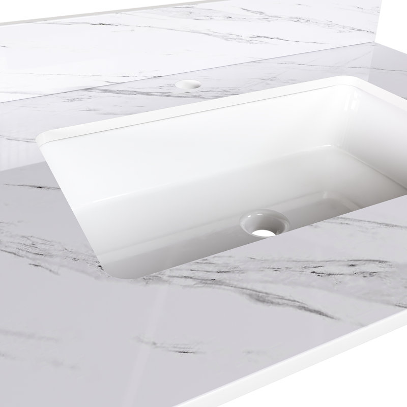 31 Inch White Marble-Like Vanity Top - Sintered Stone For Bathroom, Rectangular Sink, 4" Backsplash, Pre-Drilled Faucet Holes Stylish & Long-Lasting 31" Bathroom In Versatile