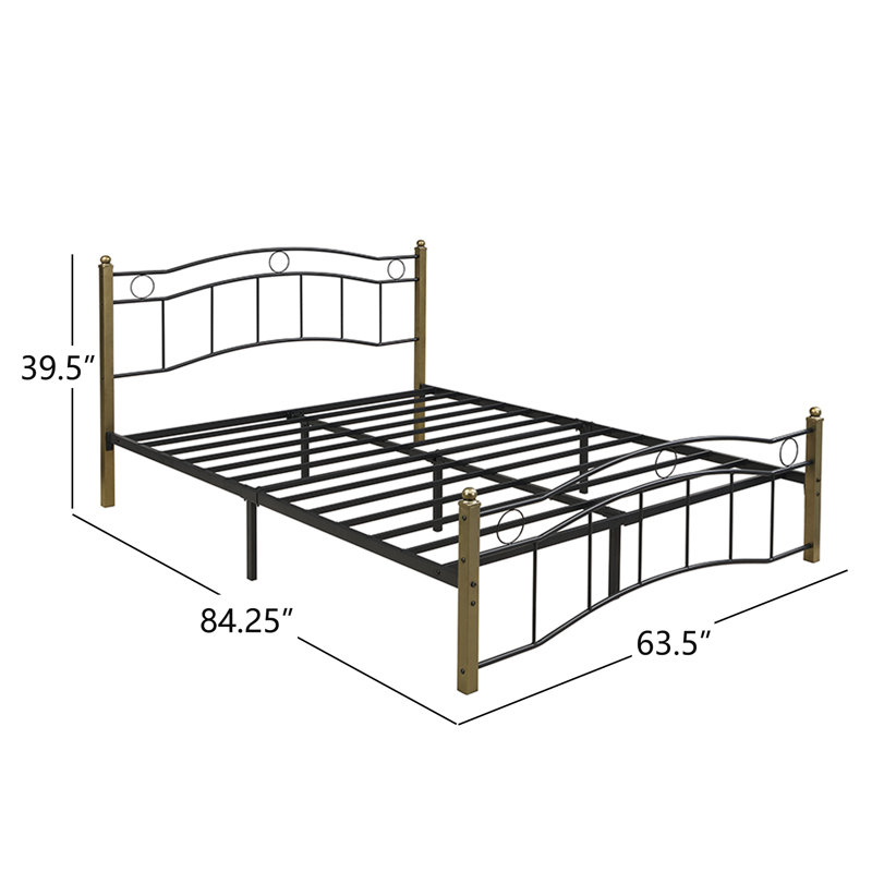 Base de lit plateforme grand en métal avec tête et pied de lit ondulés, support en lattes de fer, aucun sommier requis, noir et or
