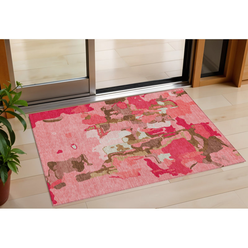 3' X 5' Coral Pink And Brown Abstract Washable Indoor Outdoor Area Rug