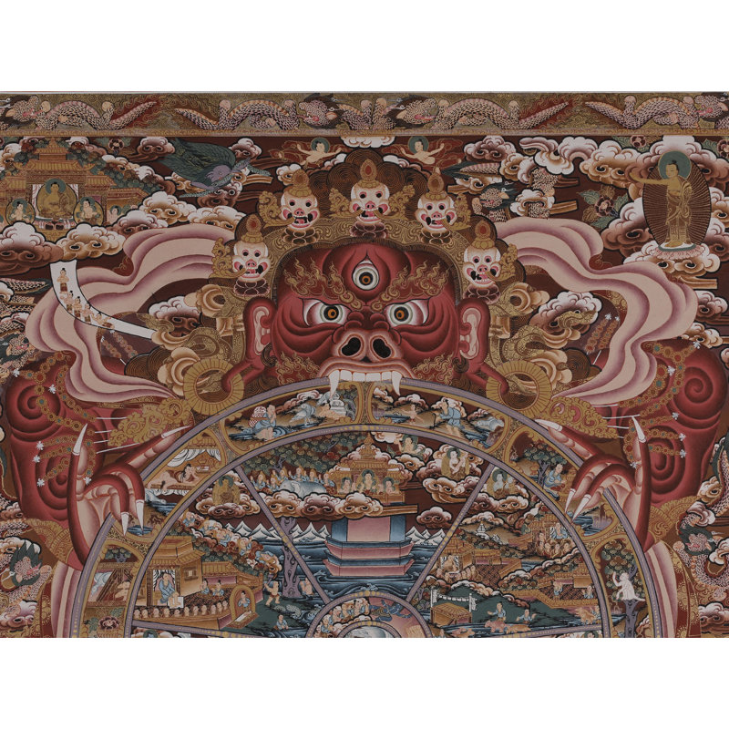 «Wheel of Life - Bhavacakra & Bardo» peint à la main Thangka | Or 24 carats sur toile de coton, art mural Brocadeless