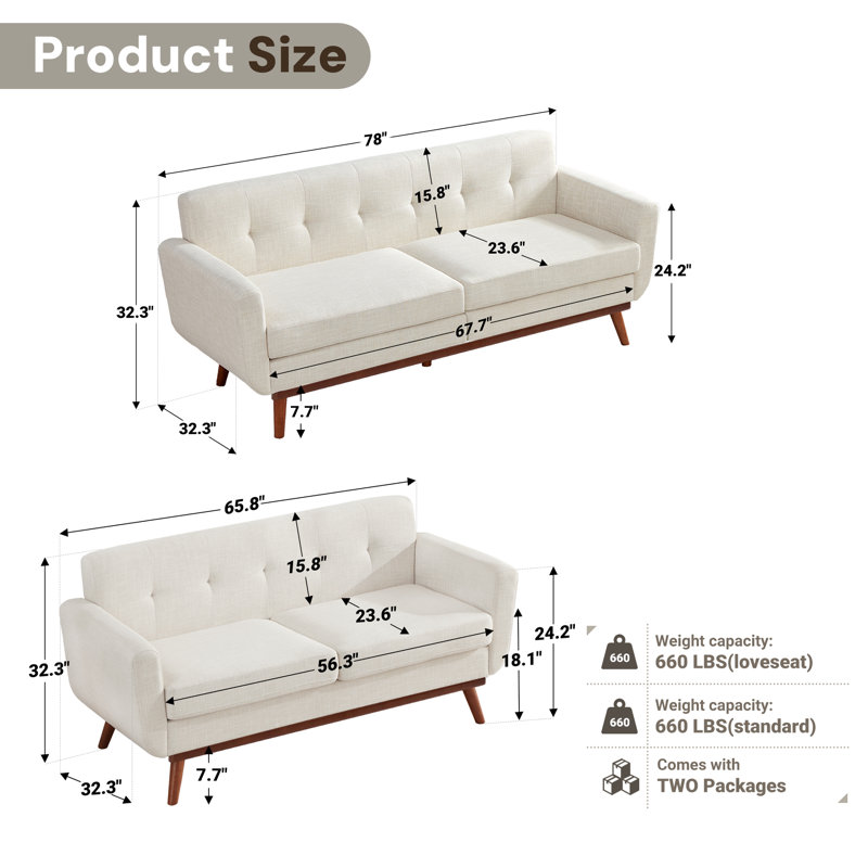  Loveseat And Sofa Set, 2 - Piece Tufted Upholstered Living Room Set, Beige