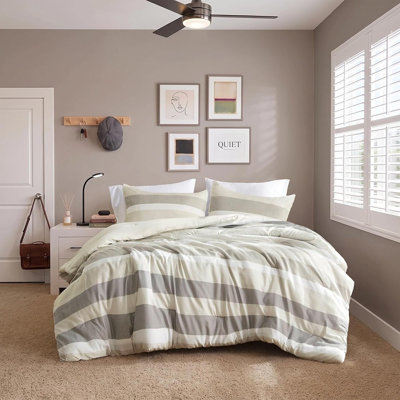 Full/Queen Comforter Set, 3-Piece Beige Striped Reversible Bedding, Soft Lightweight All-Season Comforter with Pillow Shams