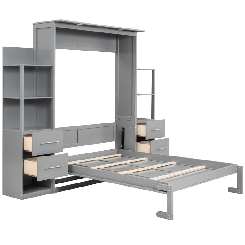 Lit gris avec lumières à DEL et porte-matelas, Gris, Lit double