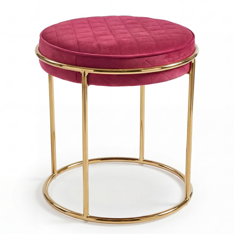  Lancaster Round Ottoman In Pink Velvet And Brushed Gold Base, Pink