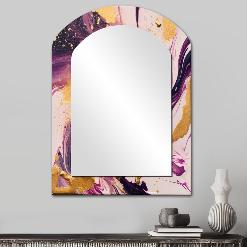 Konen Purple and Pink Strokes VIII - Fractals Arch Decorative Mirror, Modern Asymmetrical Large Wall Mirror, Printed Metal Art