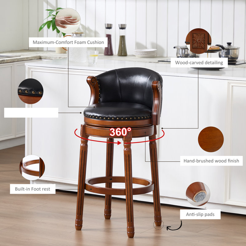 Swivel Bar Stool with Top-Grain Leather Seat, Soft Back, Rubber Wood Frame & Footrest for Kitchen, Dining, or Bar, Black
