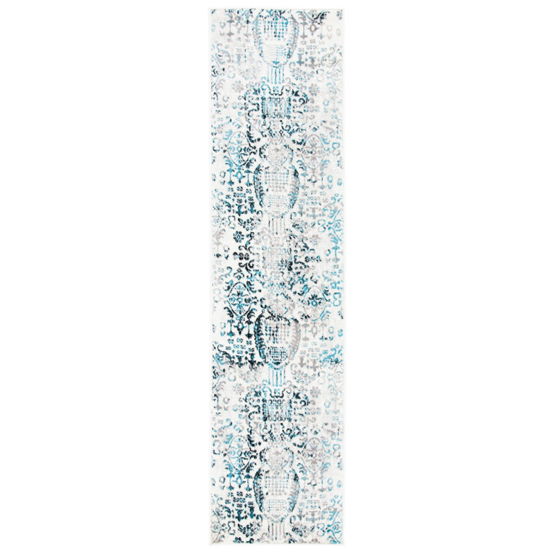 Tapis géométrique gris / bleu, Tapis de couloir 2 pi x 8 pi