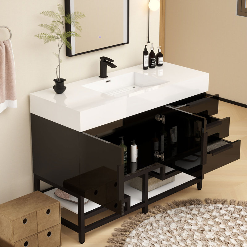 Finition du meuble-lavabo sur pied simple 48 po Jessica / Base: chêne blanc, Noir lustré