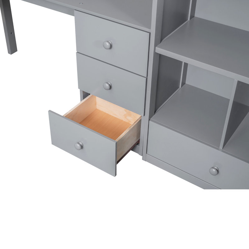 Lit mezzanine avec bureau en L et tiroirs, Gris, Lit simple