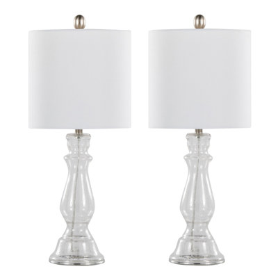 Lampe de table 24 po en verre grainé transparent avec abat-jour en nickel brossé et lin blanc, 24 po